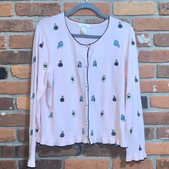 Peck & Peck Sweaters - Pink Ruffle Cardigan With Embroidered Purses Size XL